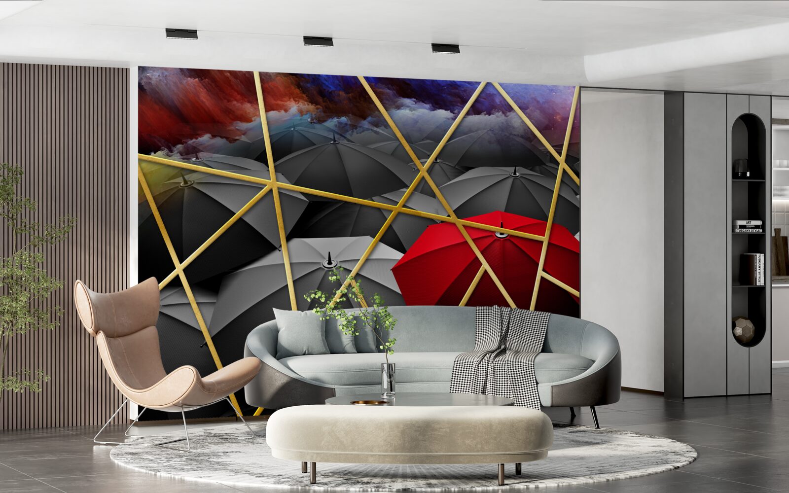 Fototapeta zlatá sieťovina na sivom pozadí zvýraznená červeným dáždnikom