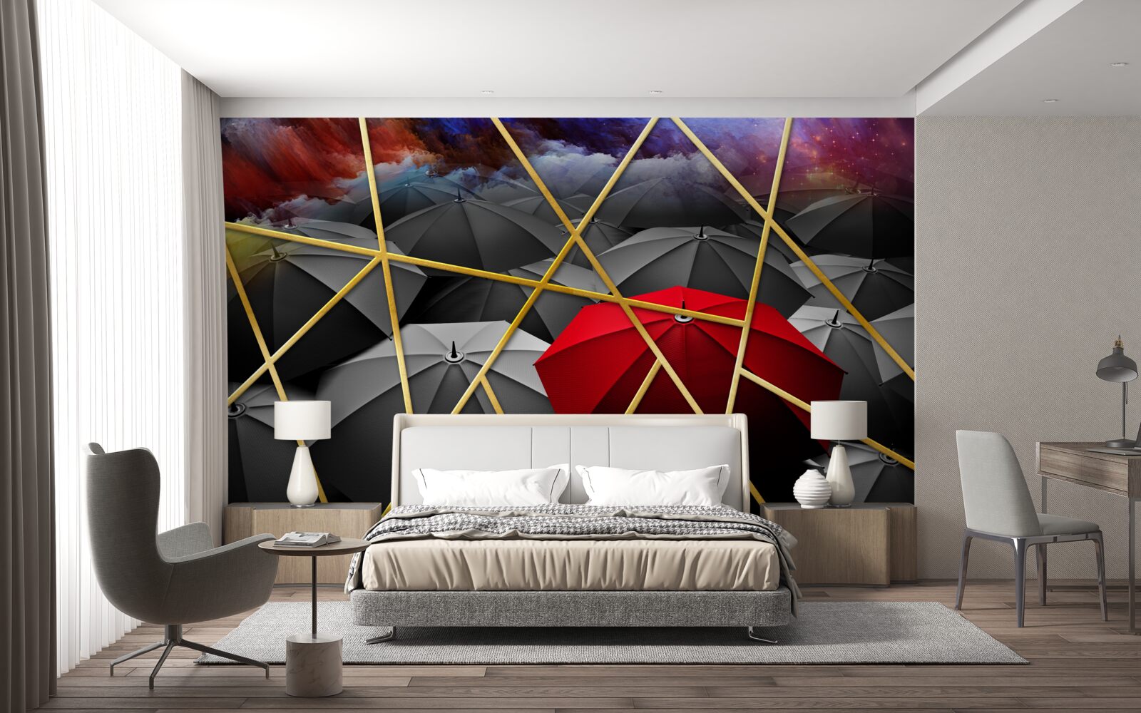 Fototapeta zlatá sieťovina na sivom pozadí zvýraznená červeným dáždnikom