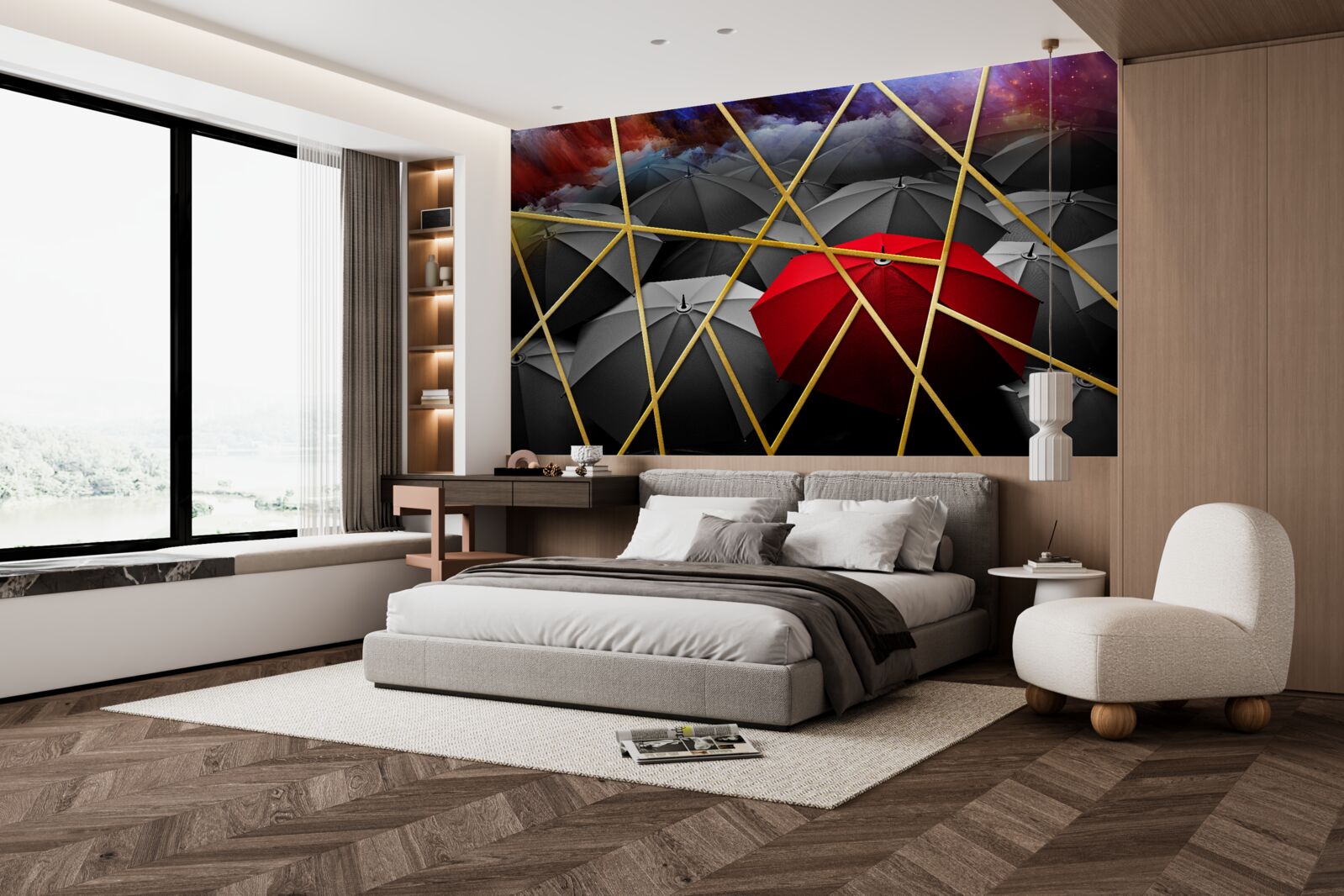 Fototapeta zlatá sieťovina na sivom pozadí zvýraznená červeným dáždnikom