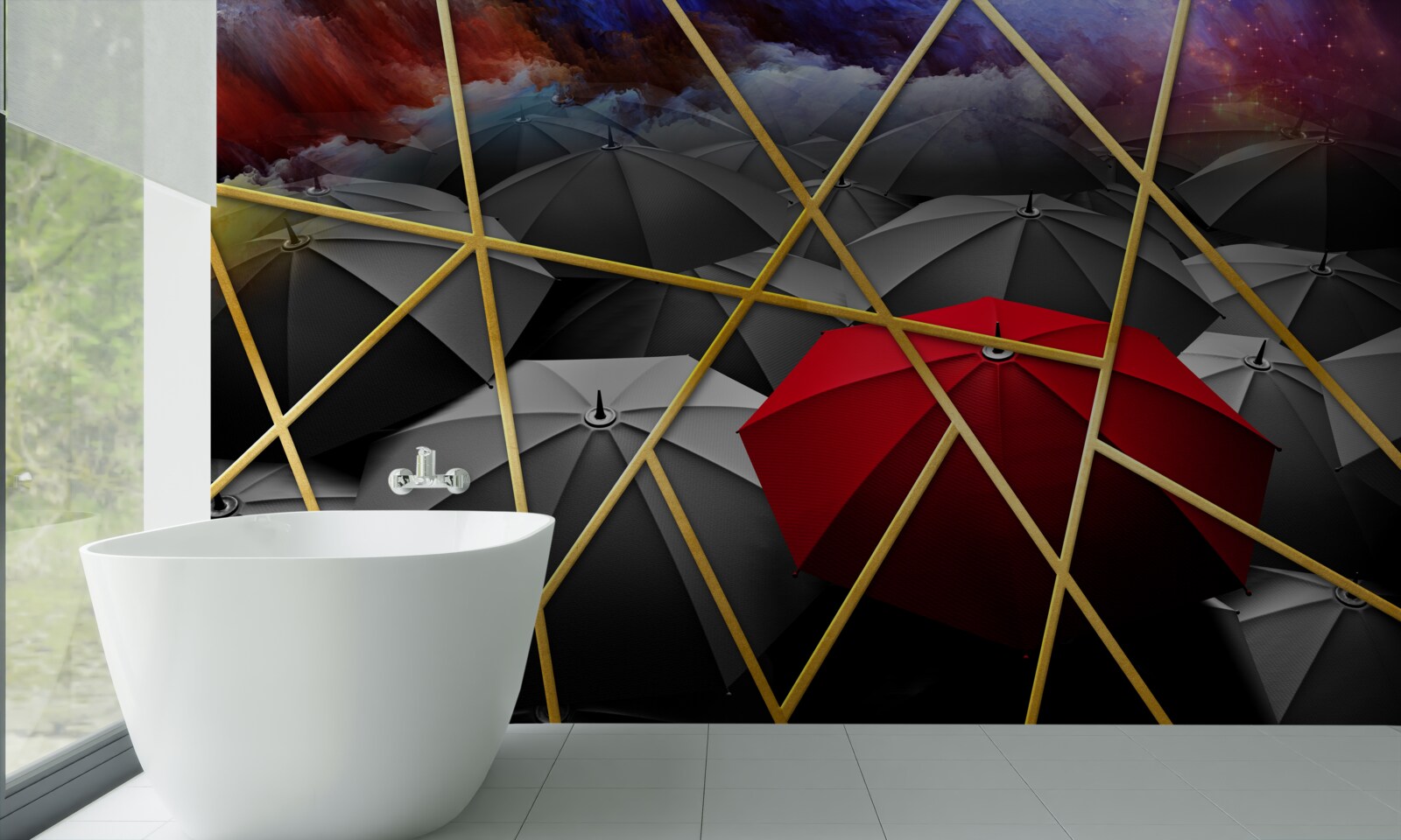 Fototapeta zlatá sieťovina na sivom pozadí zvýraznená červeným dáždnikom