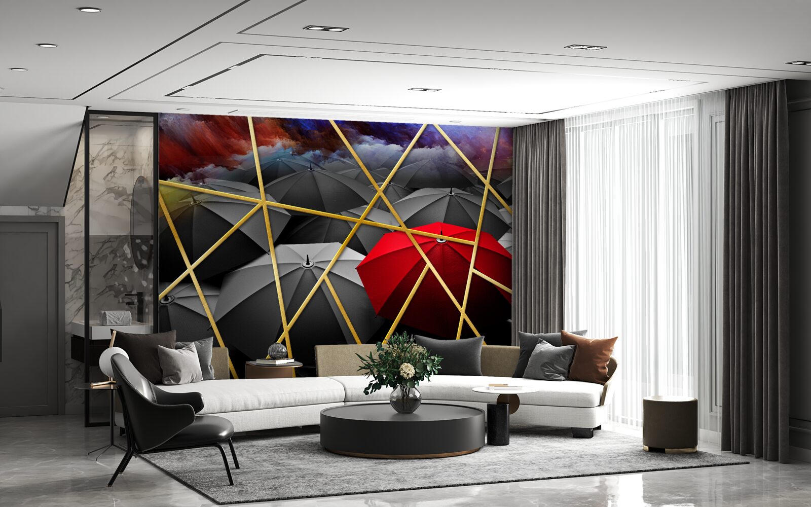 Fototapeta zlatá sieťovina na sivom pozadí zvýraznená červeným dáždnikom