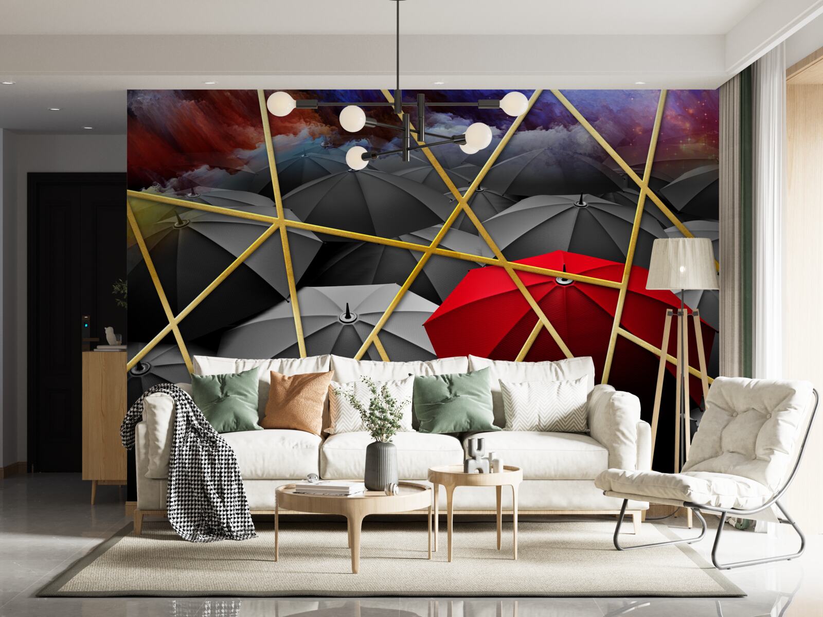 Fototapeta zlatá sieťovina na sivom pozadí zvýraznená červeným dáždnikom