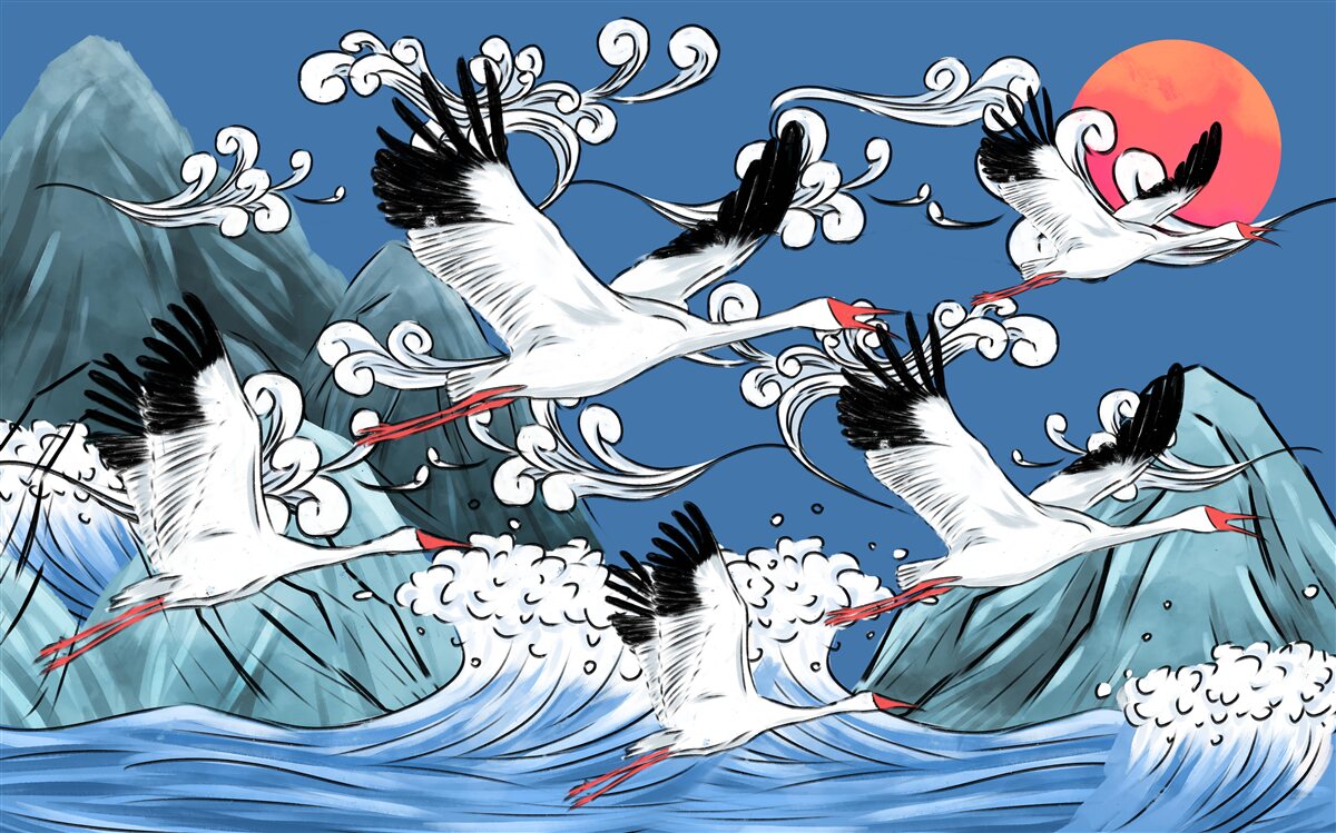 Fototapeta bociany smerujú k západu slnka