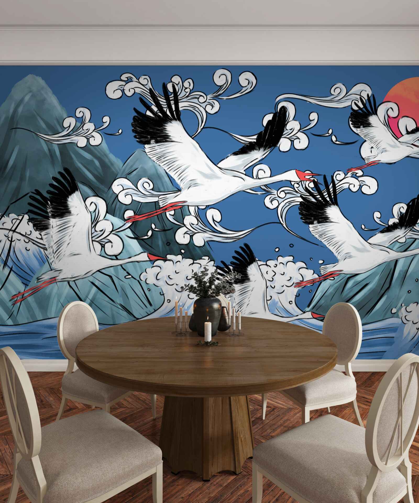 Fototapeta bociany smerujú k západu slnka