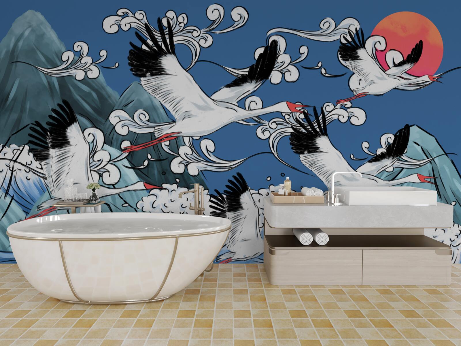 Fototapeta bociany smerujú k západu slnka