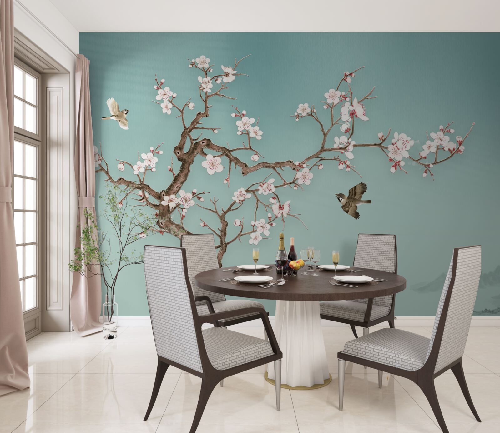 Fototapeta stromy s bielymi kvetmi sa stali terčom vtáčích letov