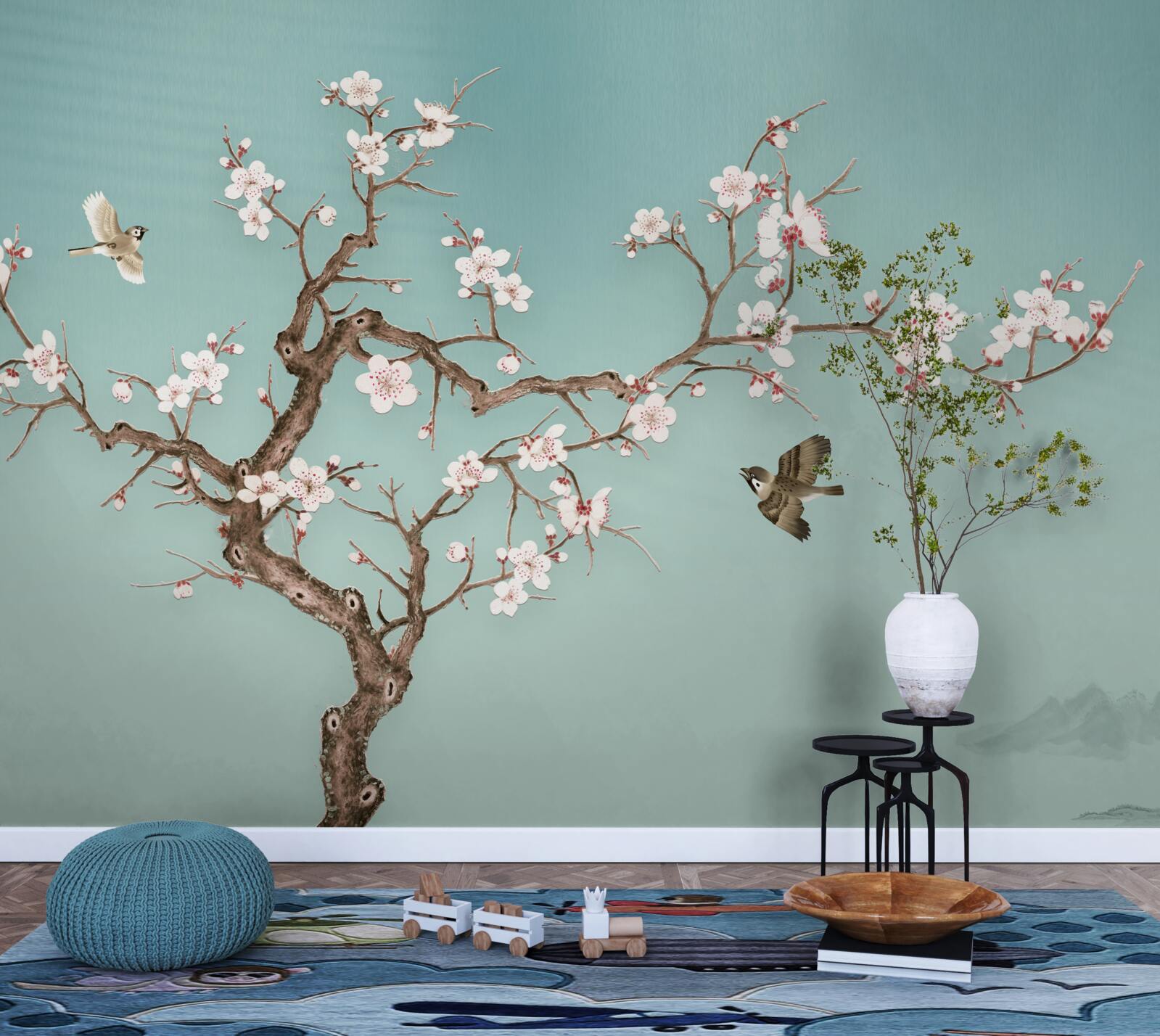 Fototapeta stromy s bielymi kvetmi sa stali terčom vtáčích letov