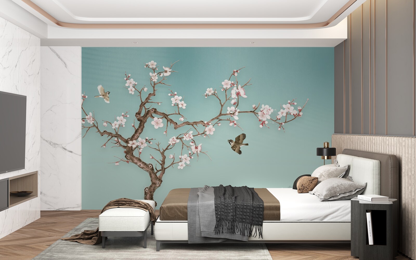 Fototapeta stromy s bielymi kvetmi sa stali terčom vtáčích letov