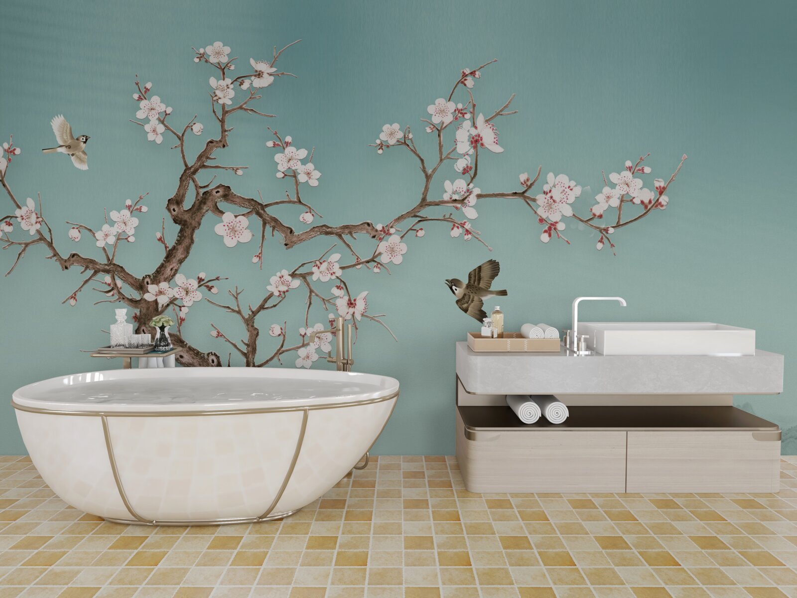 Fototapeta stromy s bielymi kvetmi sa stali terčom vtáčích letov