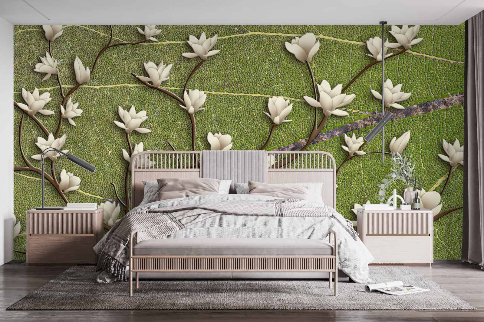 Fototapeta Snehobiele konáre magnólie na zelenom pozadí