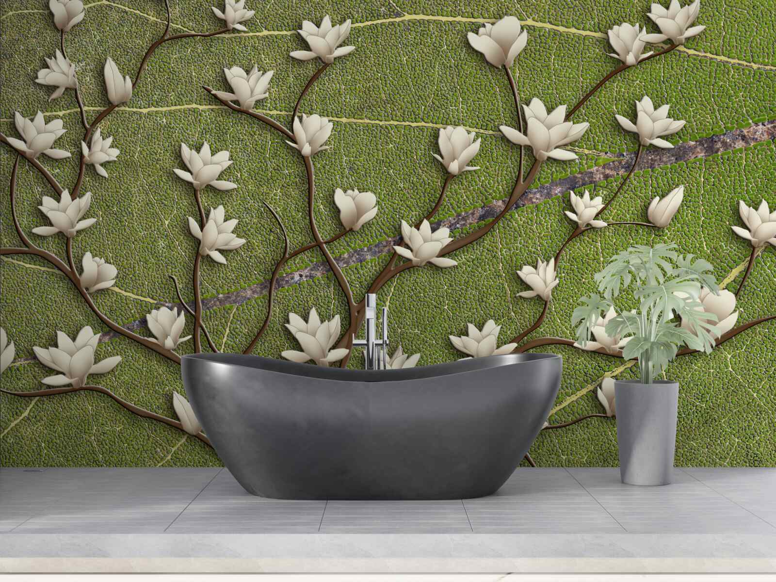 Fototapeta Snehobiele konáre magnólie na zelenom pozadí