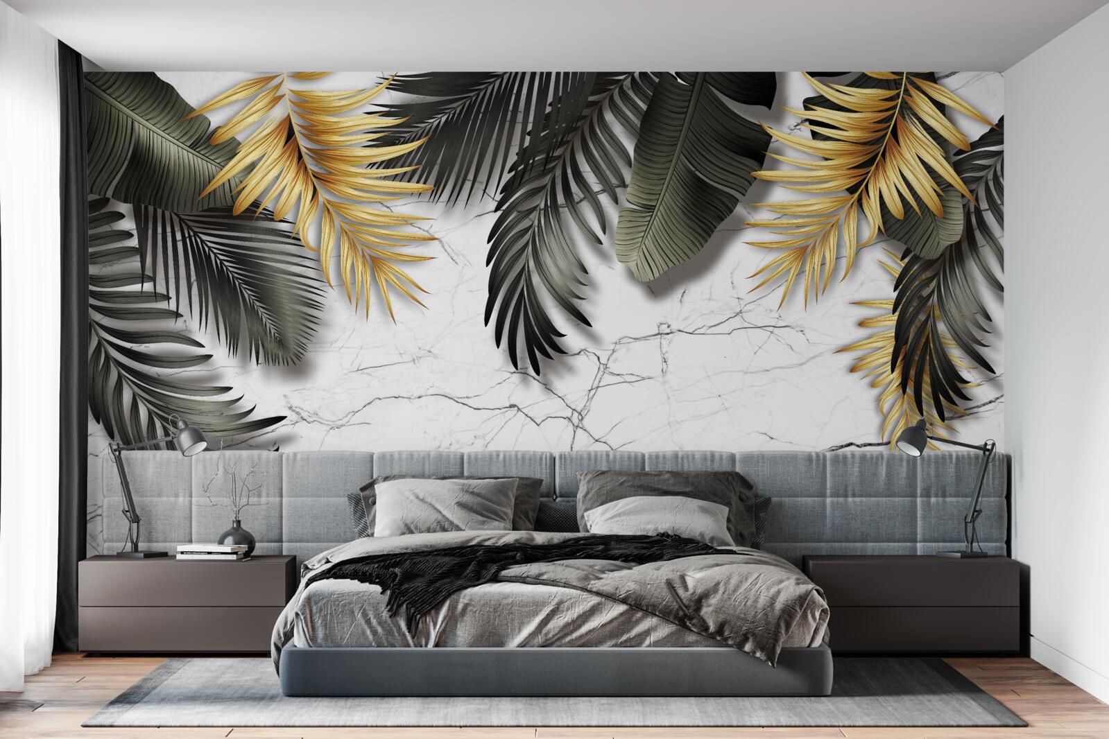 Fototapeta mramor je zdobený zlatými a čiernymi palmovými listami