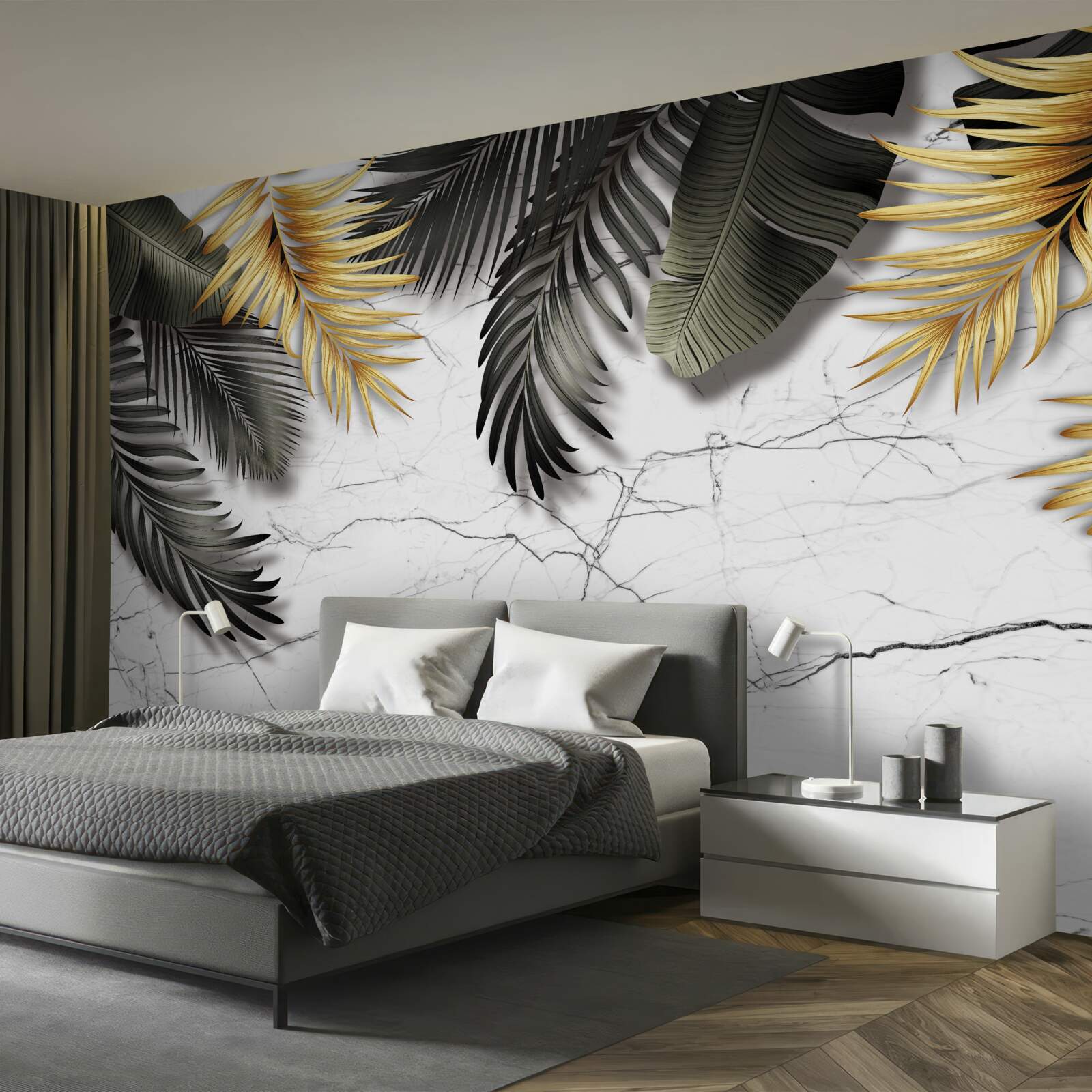 Fototapeta mramor je zdobený zlatými a čiernymi palmovými listami