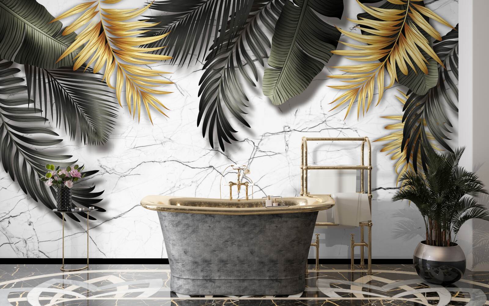 Fototapeta mramor je zdobený zlatými a čiernymi palmovými listami