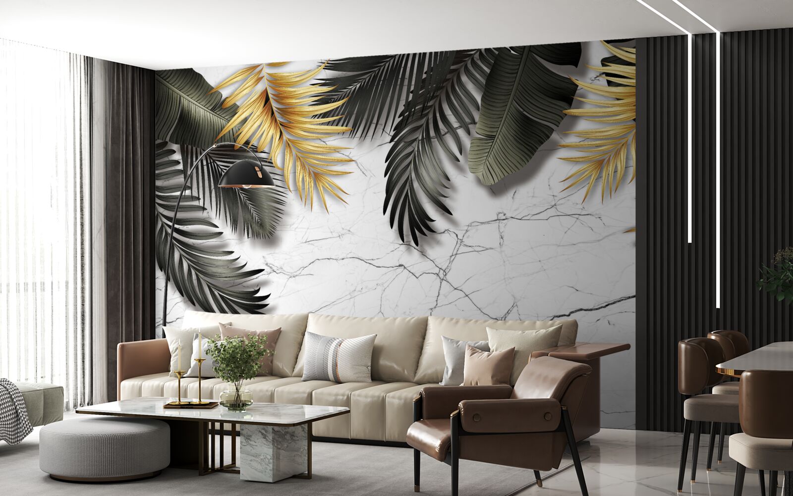 Fototapeta mramor je zdobený zlatými a čiernymi palmovými listami