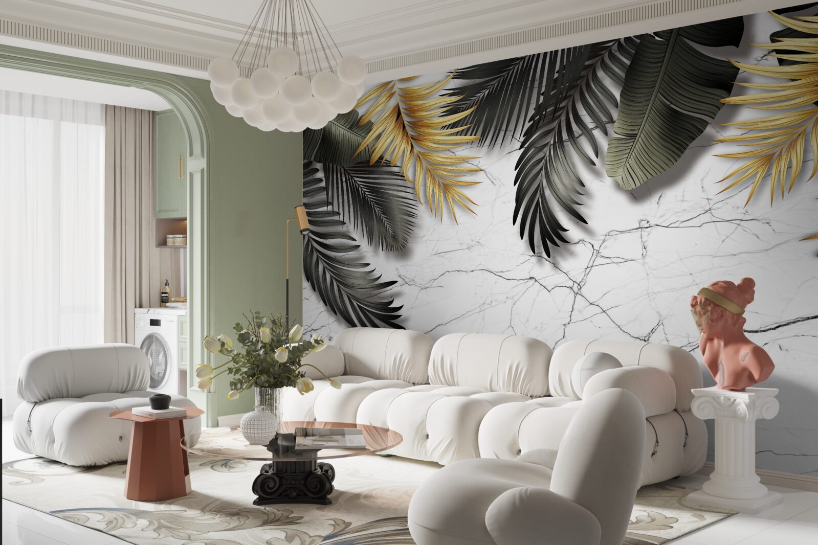 Fototapeta mramor je zdobený zlatými a čiernymi palmovými listami