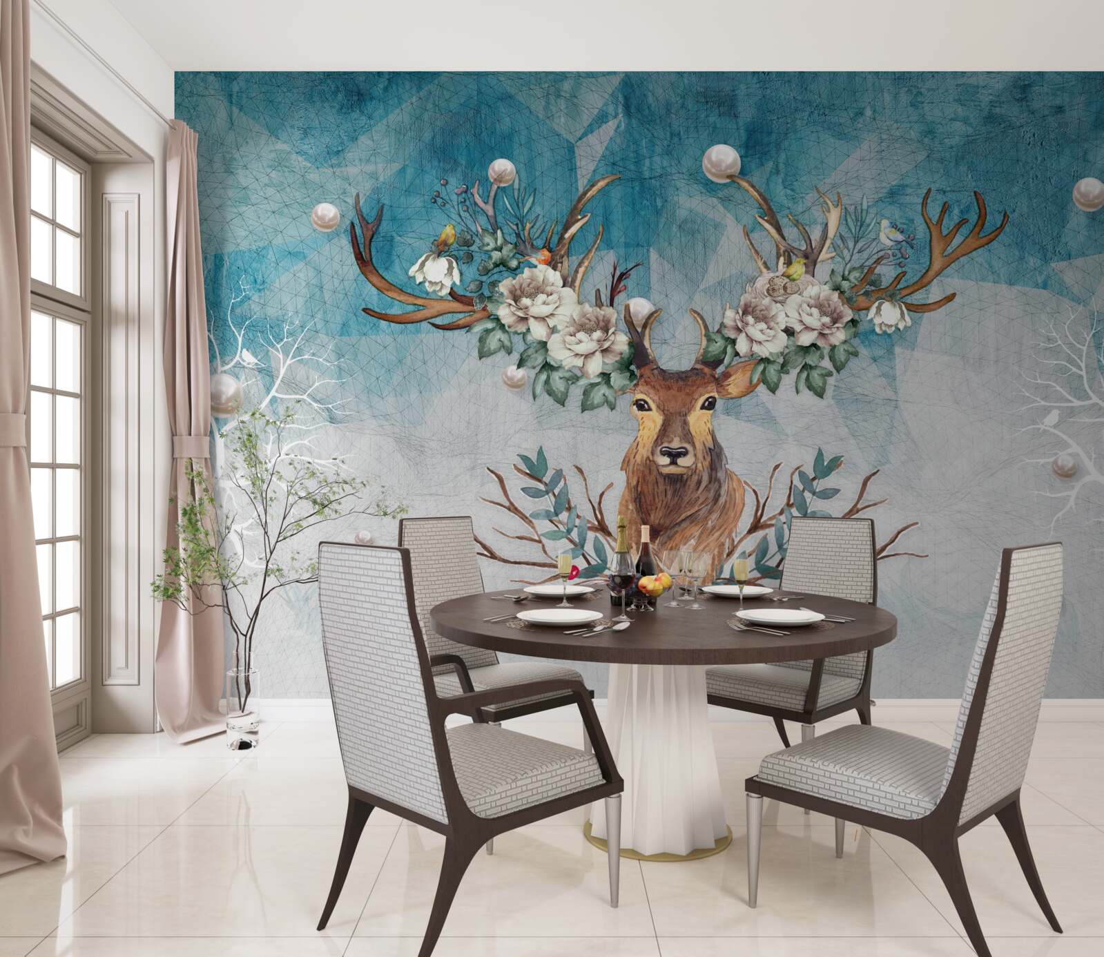 Fototapeta v zime zadok s kvetmi zdobiacimi jeho parohy