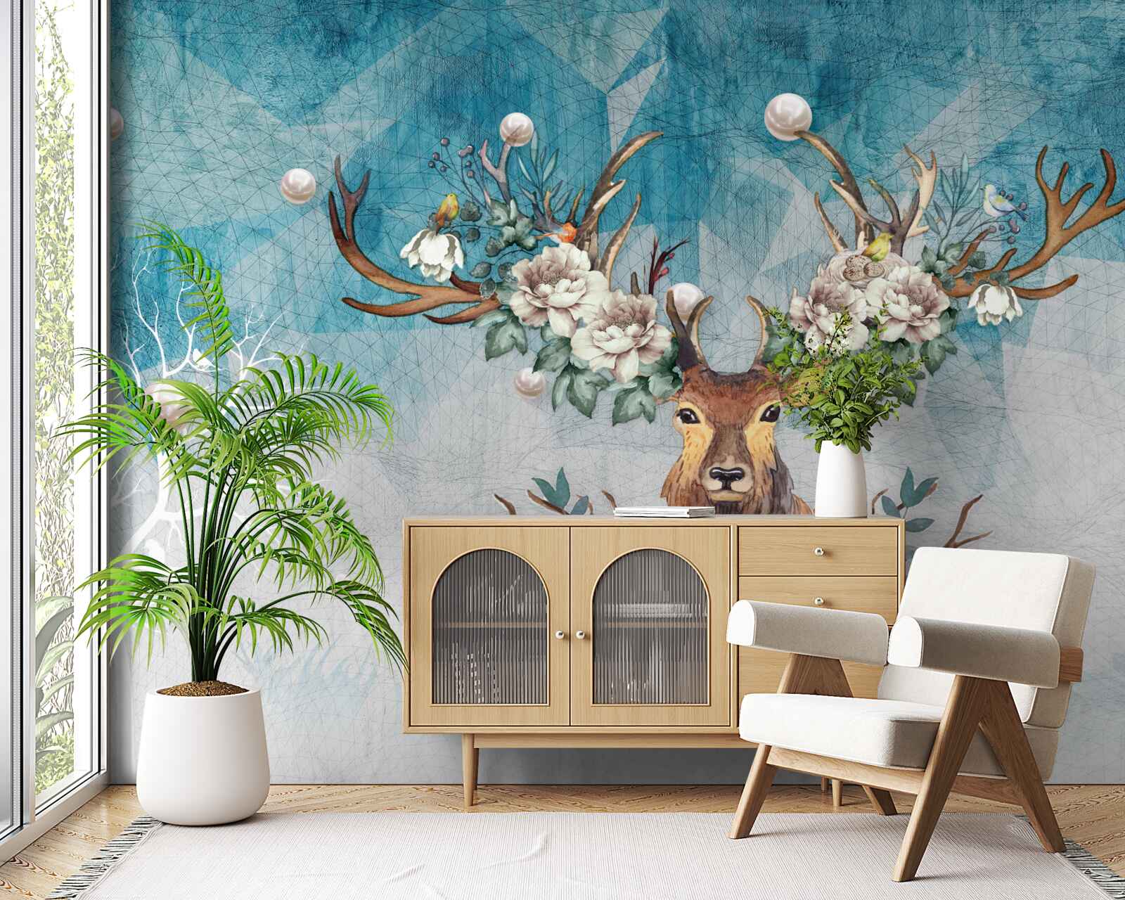 Fototapeta v zime zadok s kvetmi zdobiacimi jeho parohy