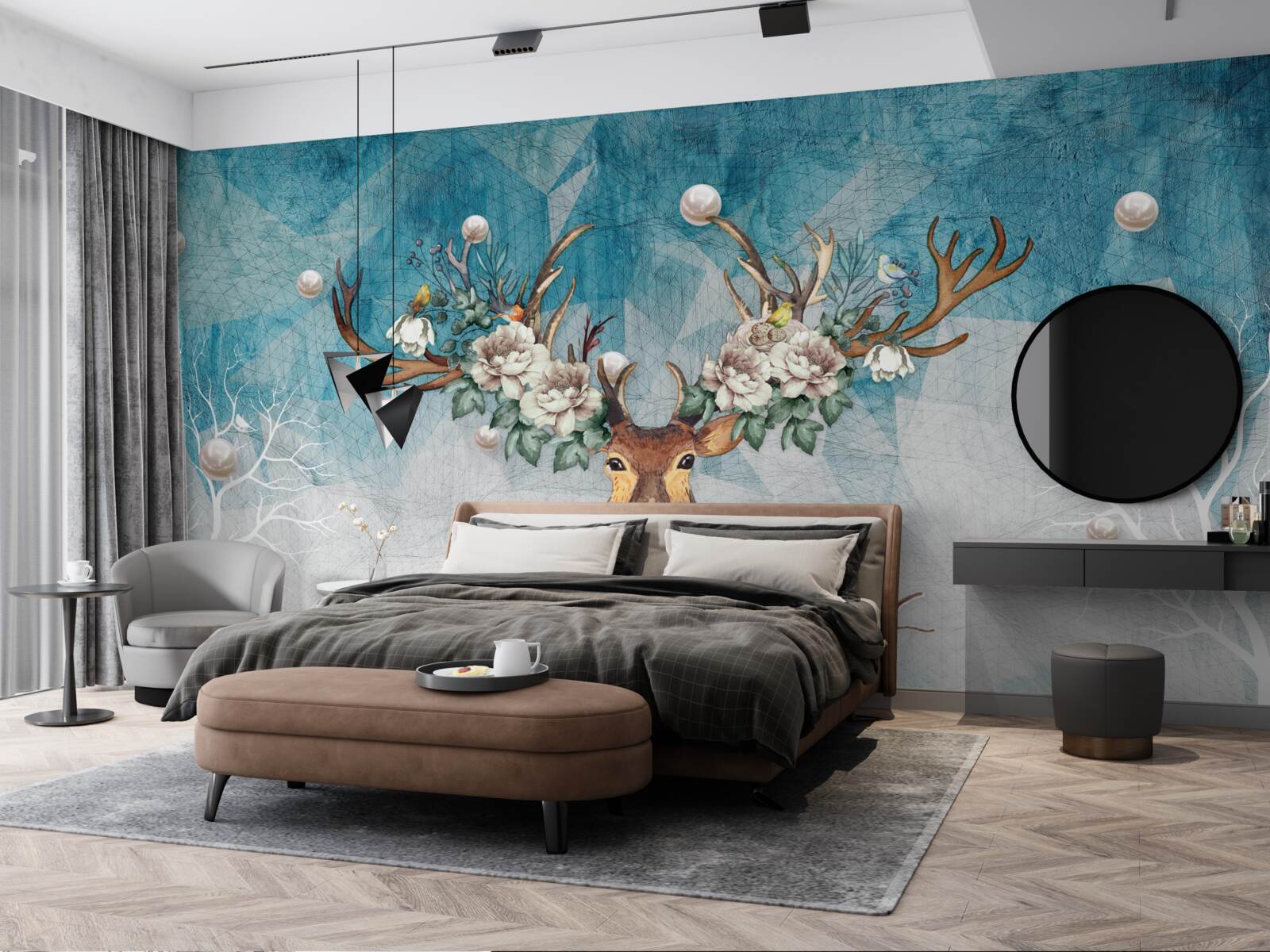 Fototapeta v zime zadok s kvetmi zdobiacimi jeho parohy