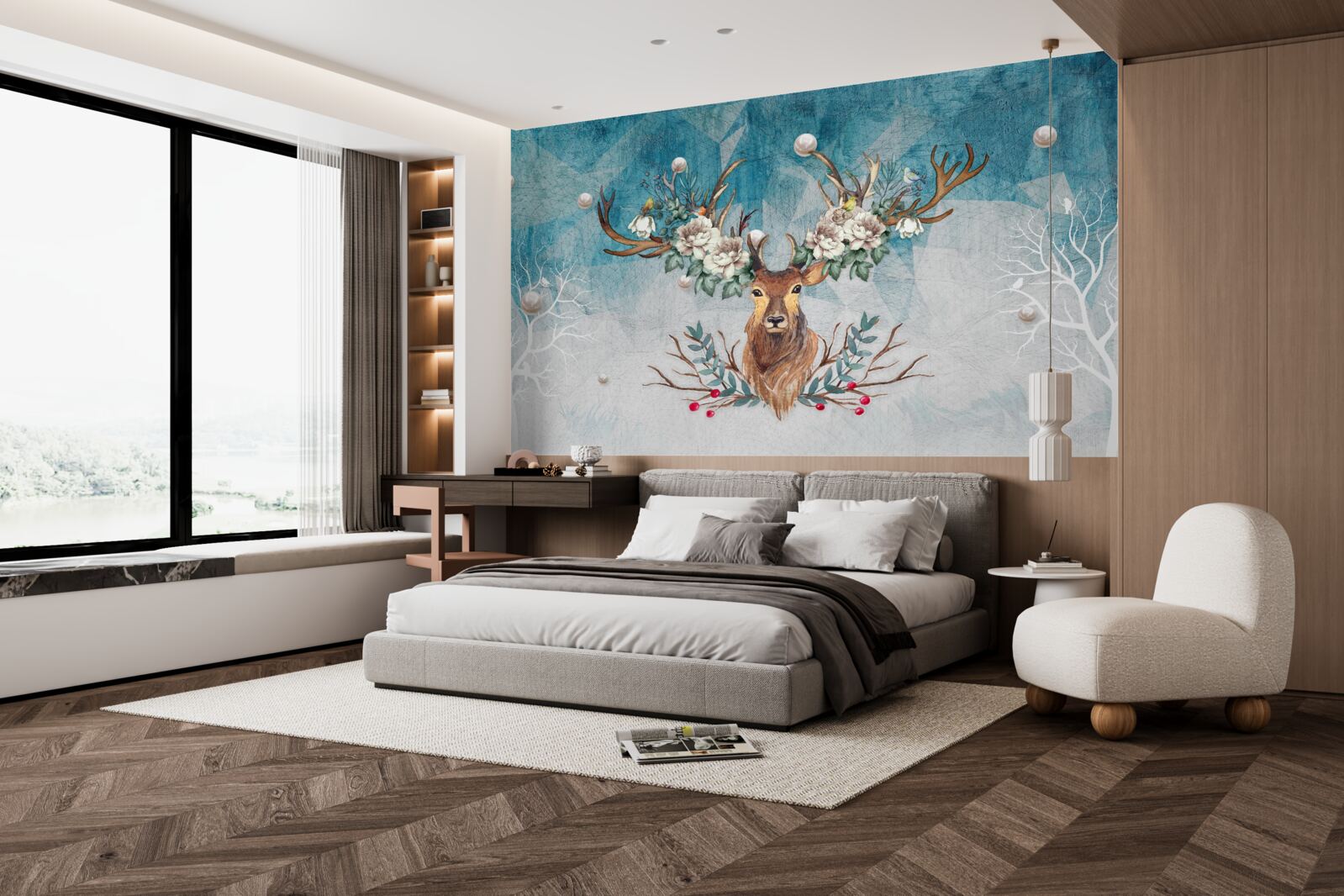 Fototapeta v zime zadok s kvetmi zdobiacimi jeho parohy