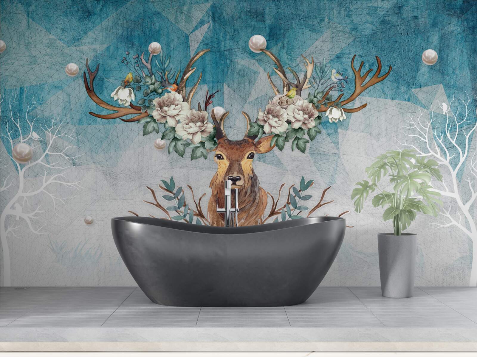 Fototapeta v zime zadok s kvetmi zdobiacimi jeho parohy