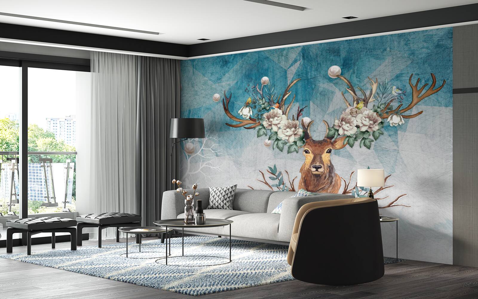 Fototapeta v zime zadok s kvetmi zdobiacimi jeho parohy