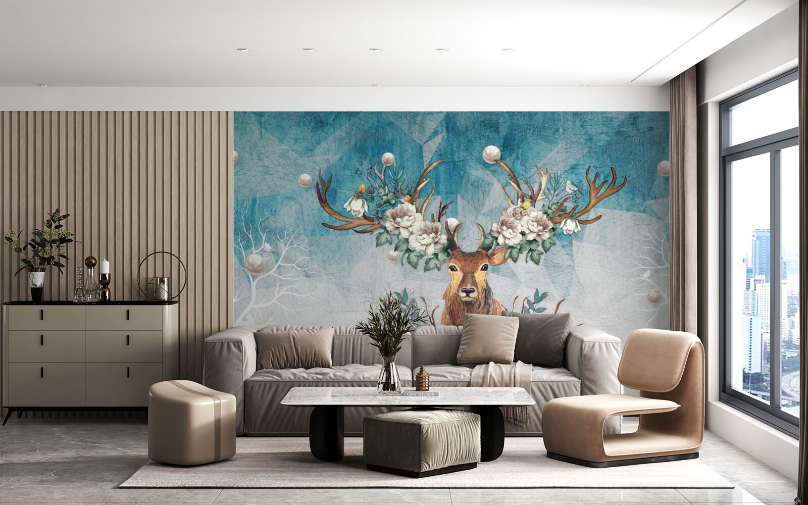 Fototapeta v zime zadok s kvetmi zdobiacimi jeho parohy