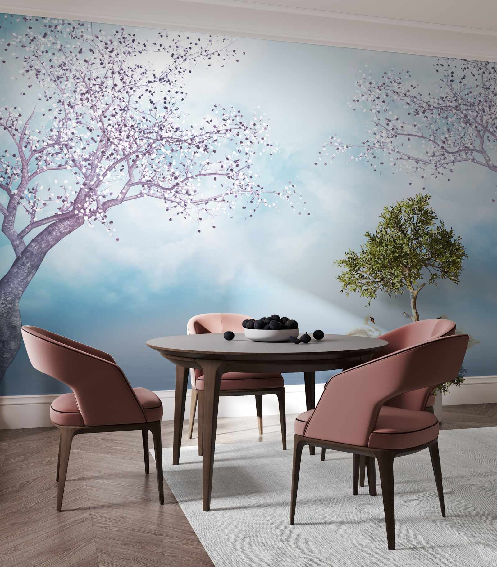 Fototapeta s labuťami na jazere pod hmlou