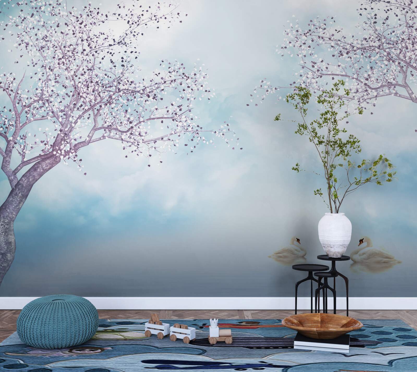 Fototapeta s labuťami na jazere pod hmlou