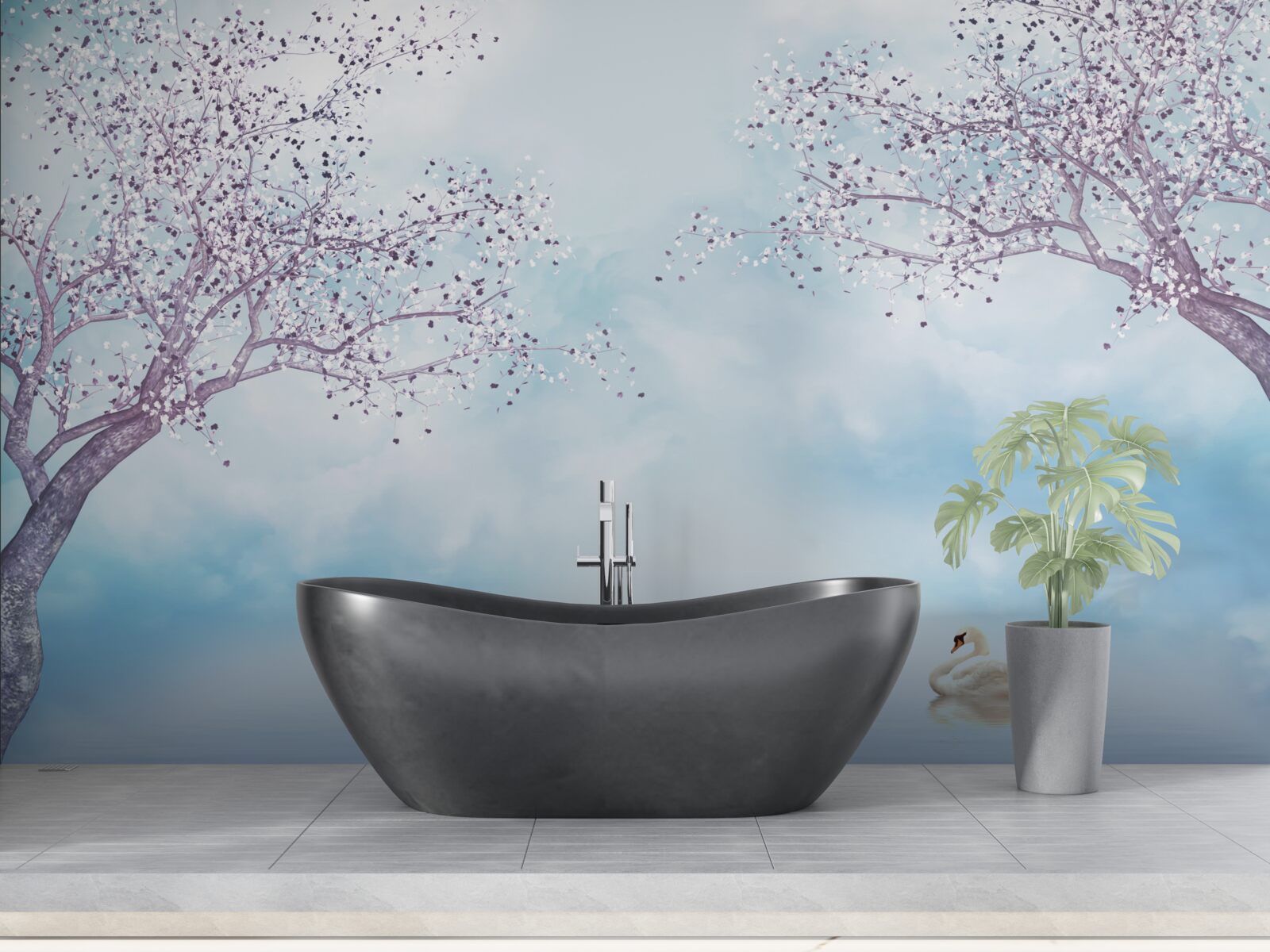 Fototapeta s labuťami na jazere pod hmlou