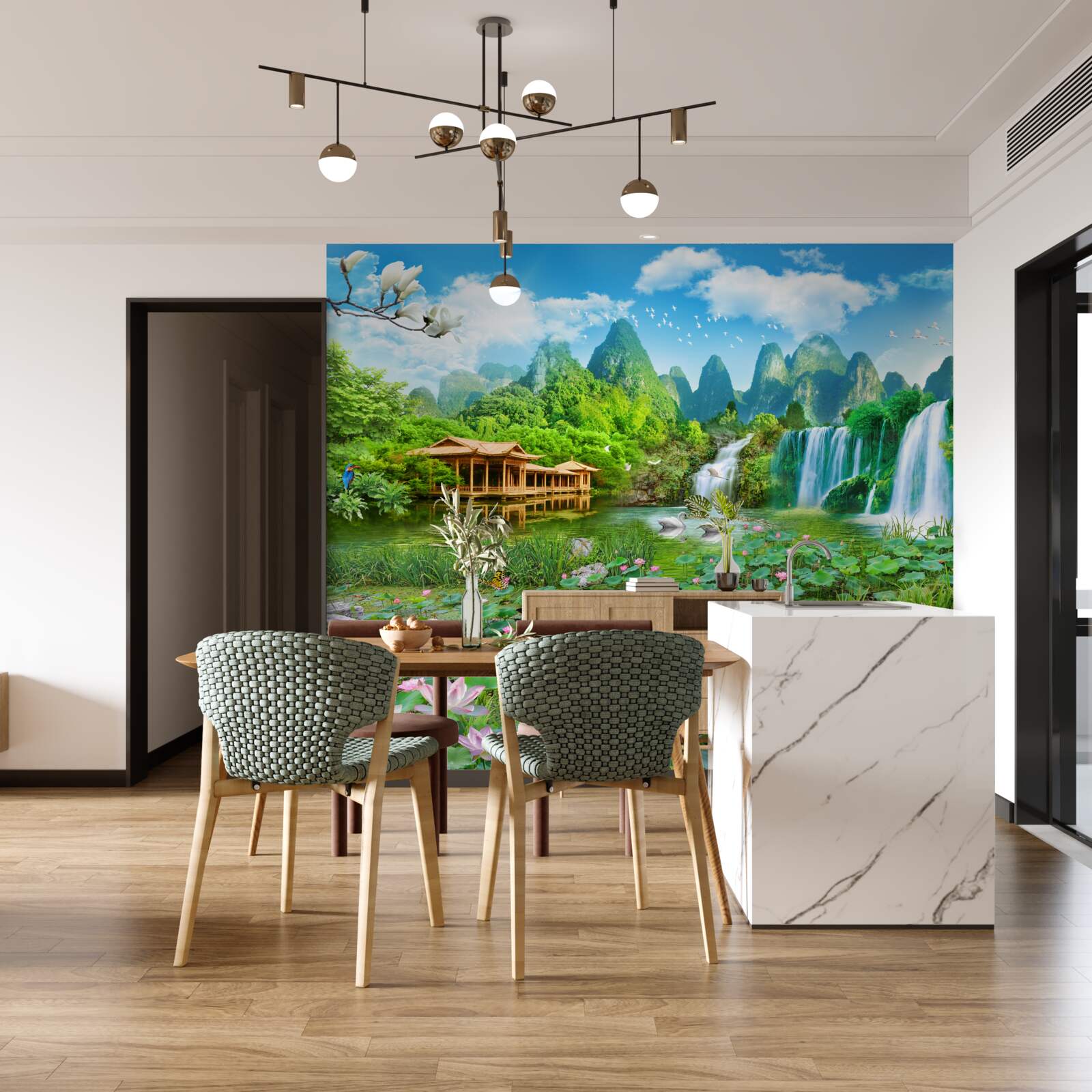 Fototapeta byt v blízkosti vodopádu ústiaceho do prírodnej vodnej plochy