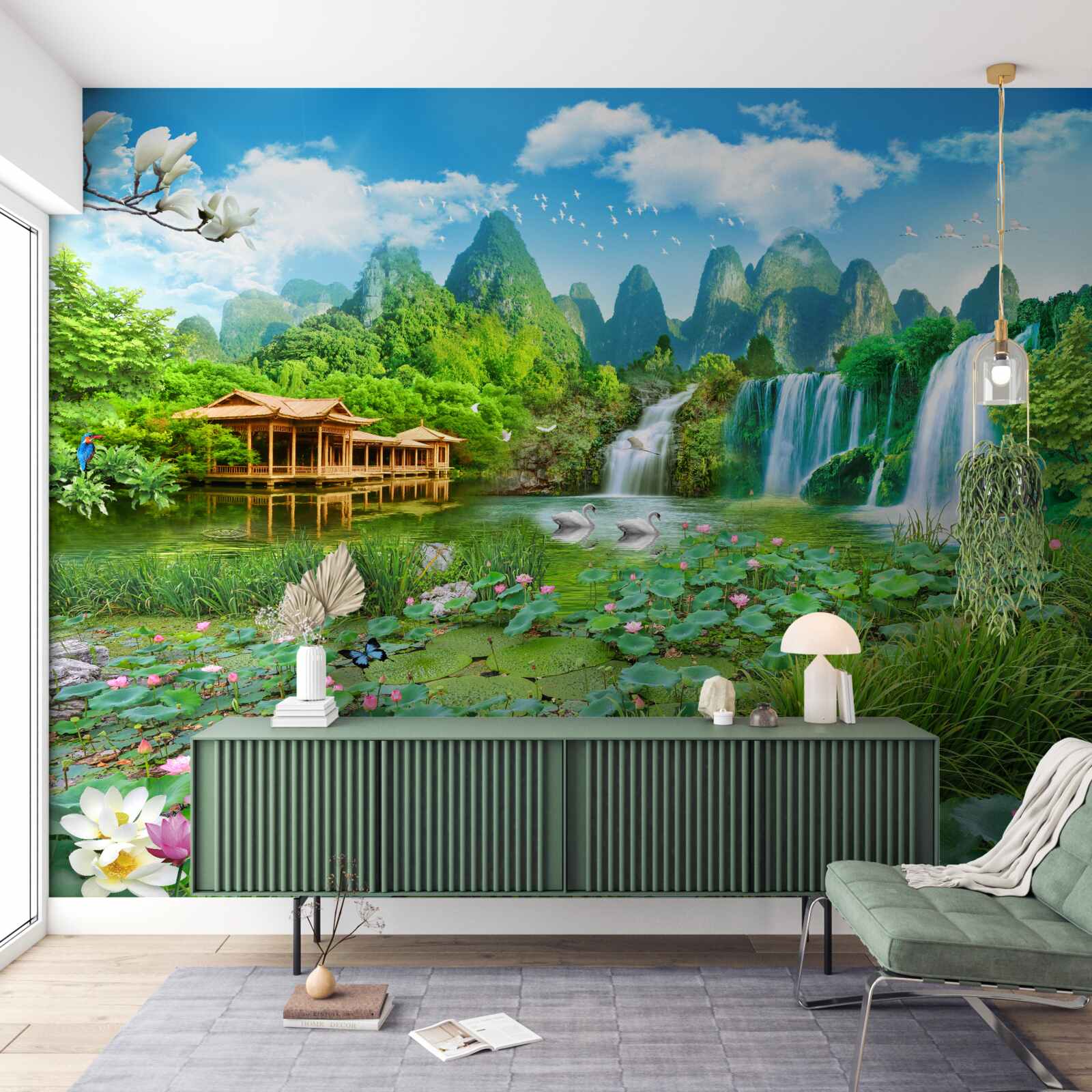 Fototapeta byt v blízkosti vodopádu ústiaceho do prírodnej vodnej plochy