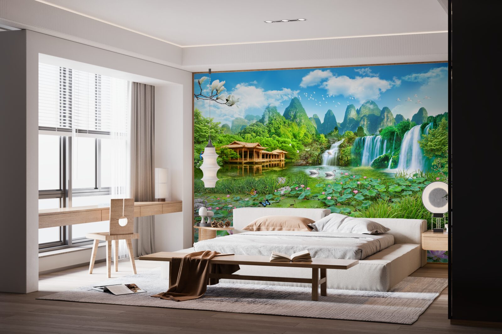 Fototapeta byt v blízkosti vodopádu ústiaceho do prírodnej vodnej plochy