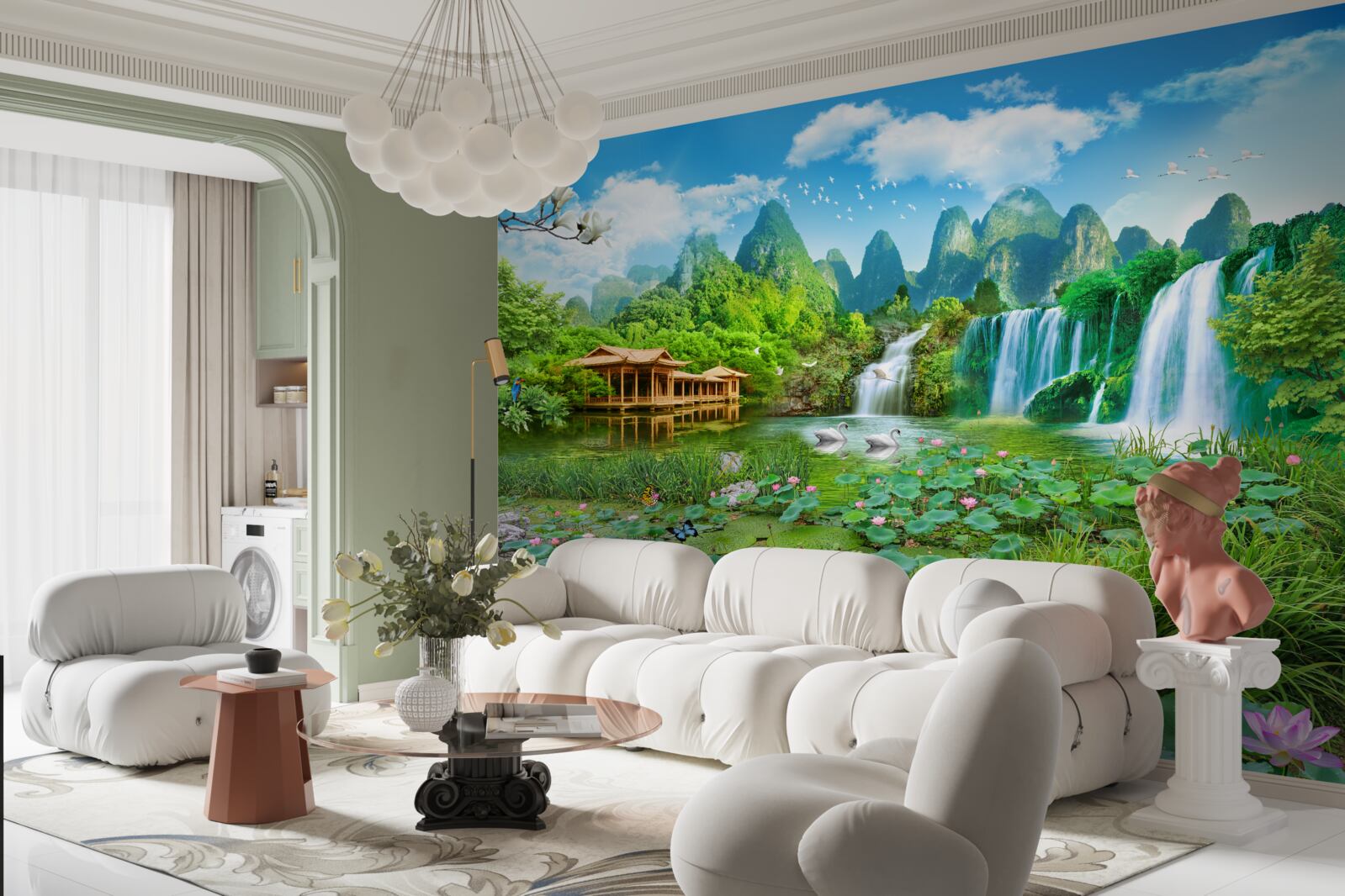 Fototapeta byt v blízkosti vodopádu ústiaceho do prírodnej vodnej plochy