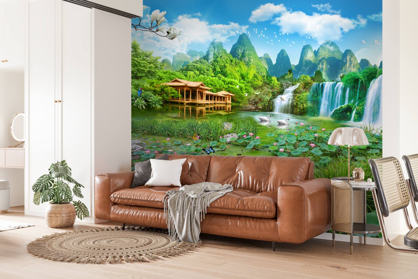 Fototapeta byt v blízkosti vodopádu ústiaceho do prírodnej vodnej plochy