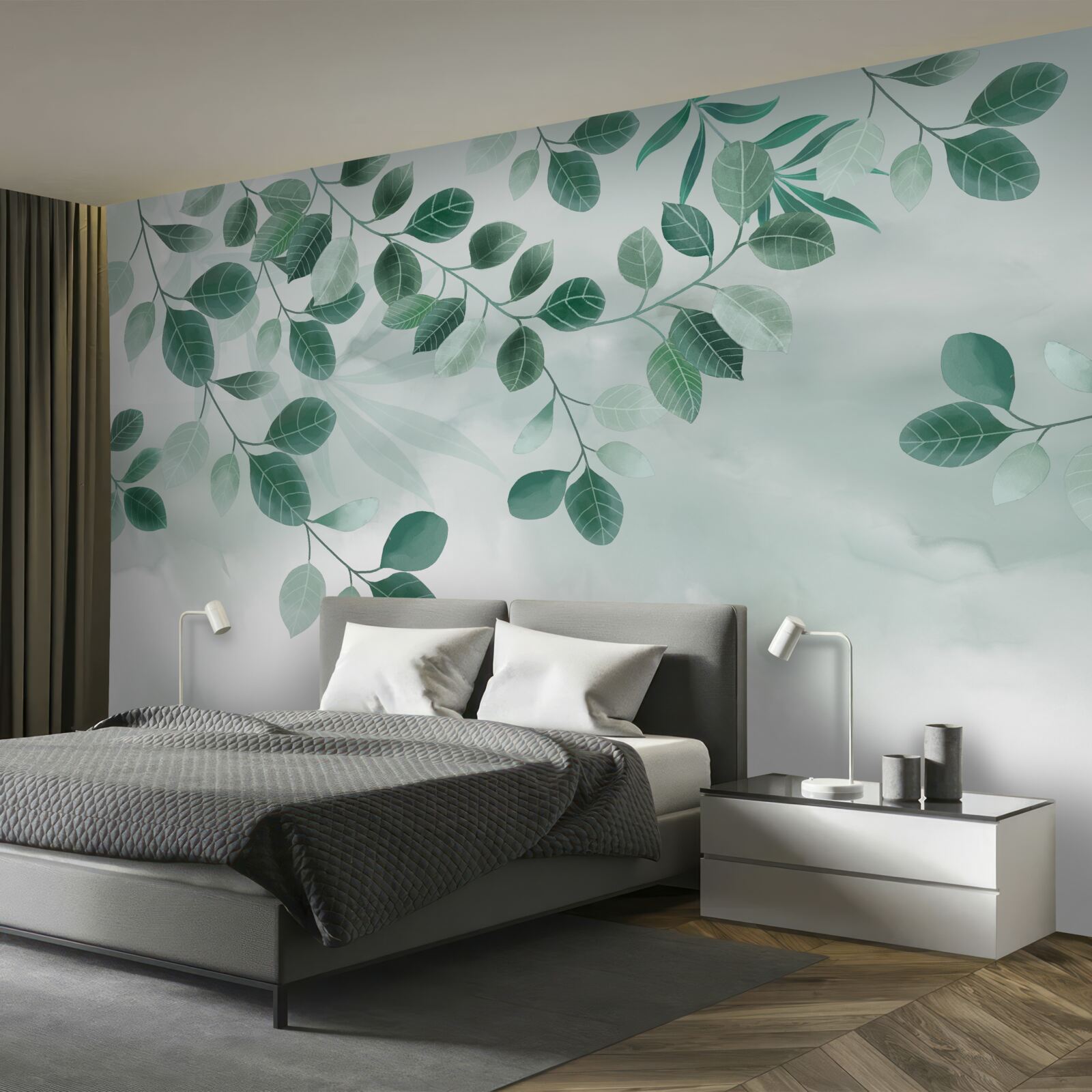 Fototapeta konáre so zelenými listami rozprestretými proti oblohe