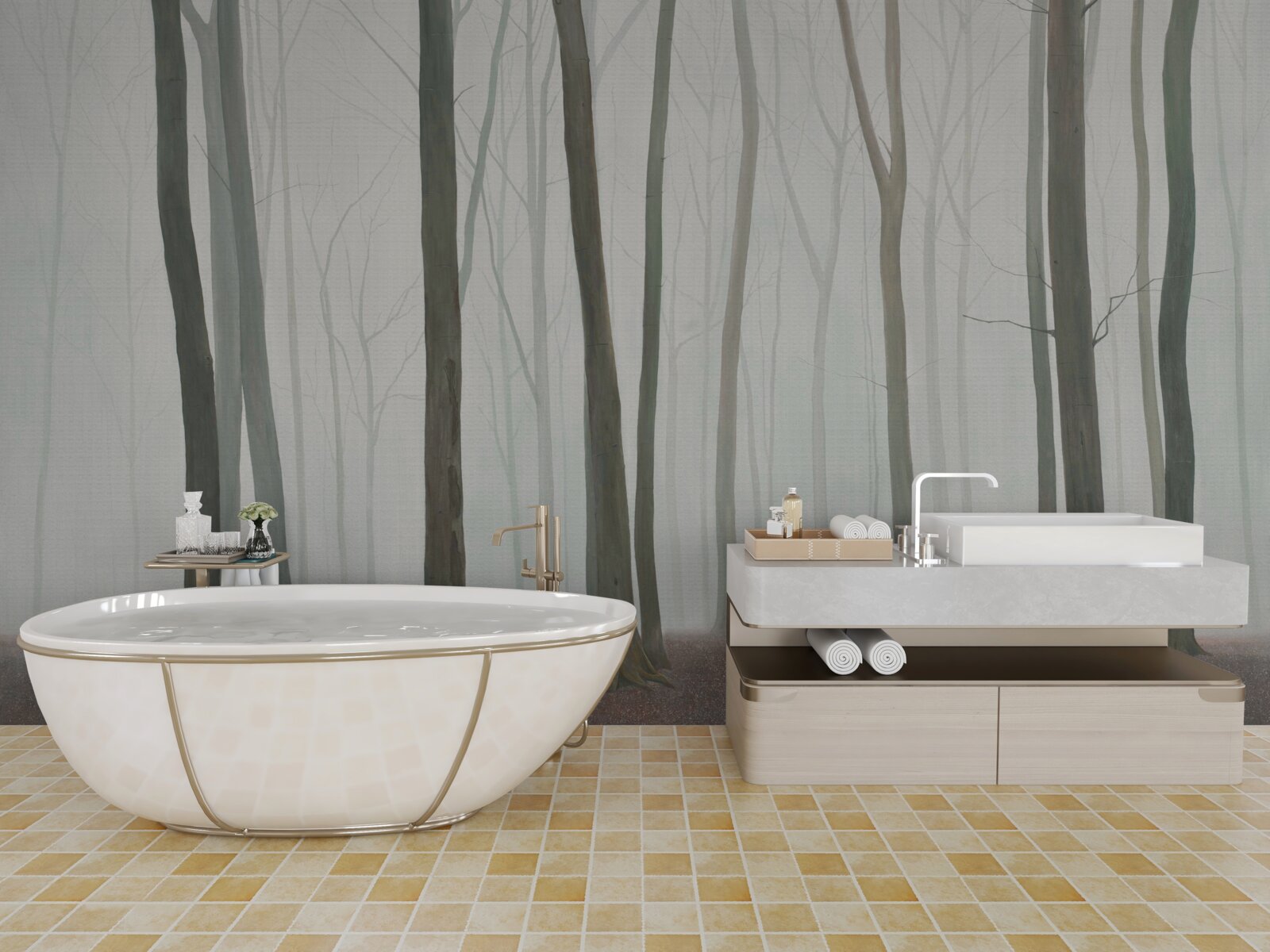 Fototapeta jednotlivé stromy obklopené hmlou