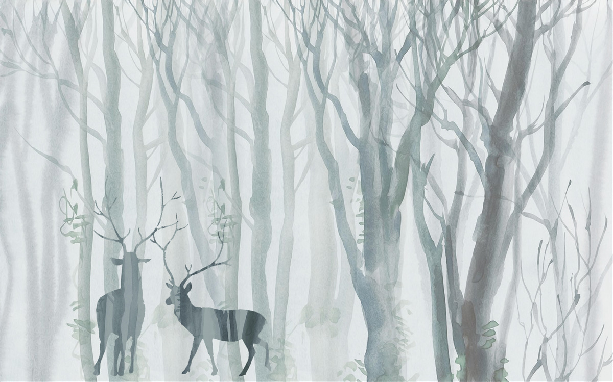 Fototapeta zimný les, hmlistý, obývaný jeleňmi