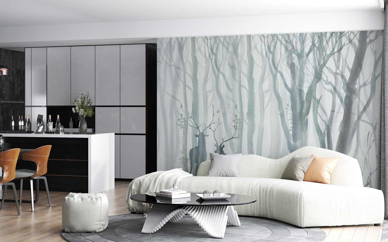 Fototapeta zimný les, hmlistý, obývaný jeleňmi