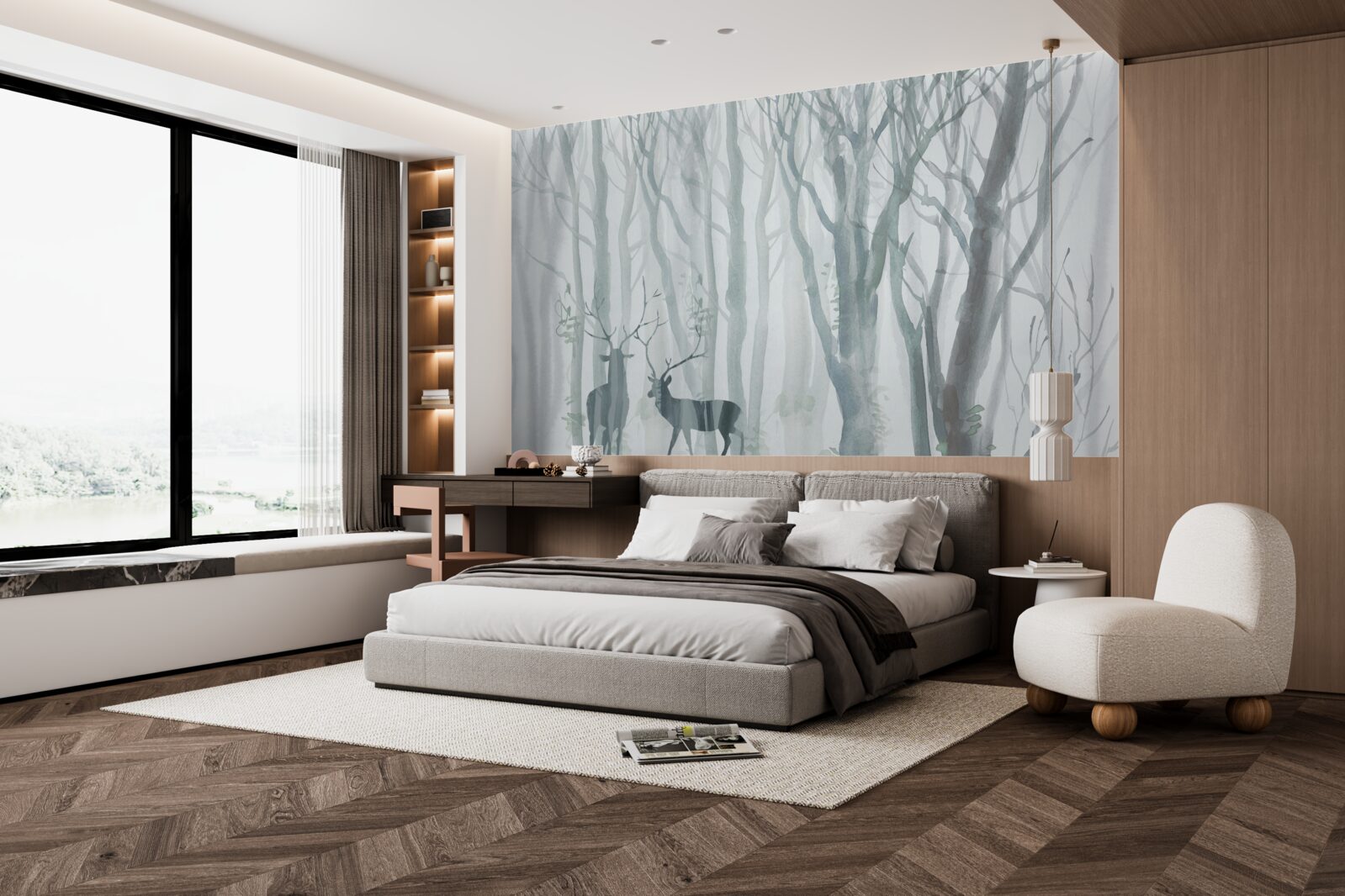 Fototapeta zimný les, hmlistý, obývaný jeleňmi