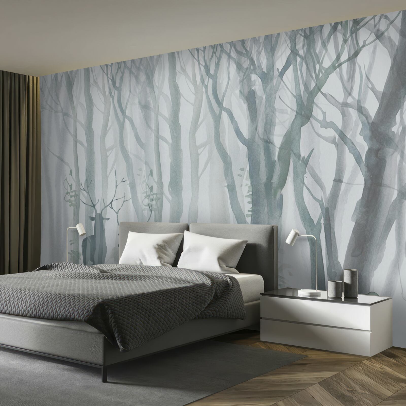 Fototapeta zimný les, hmlistý, obývaný jeleňmi