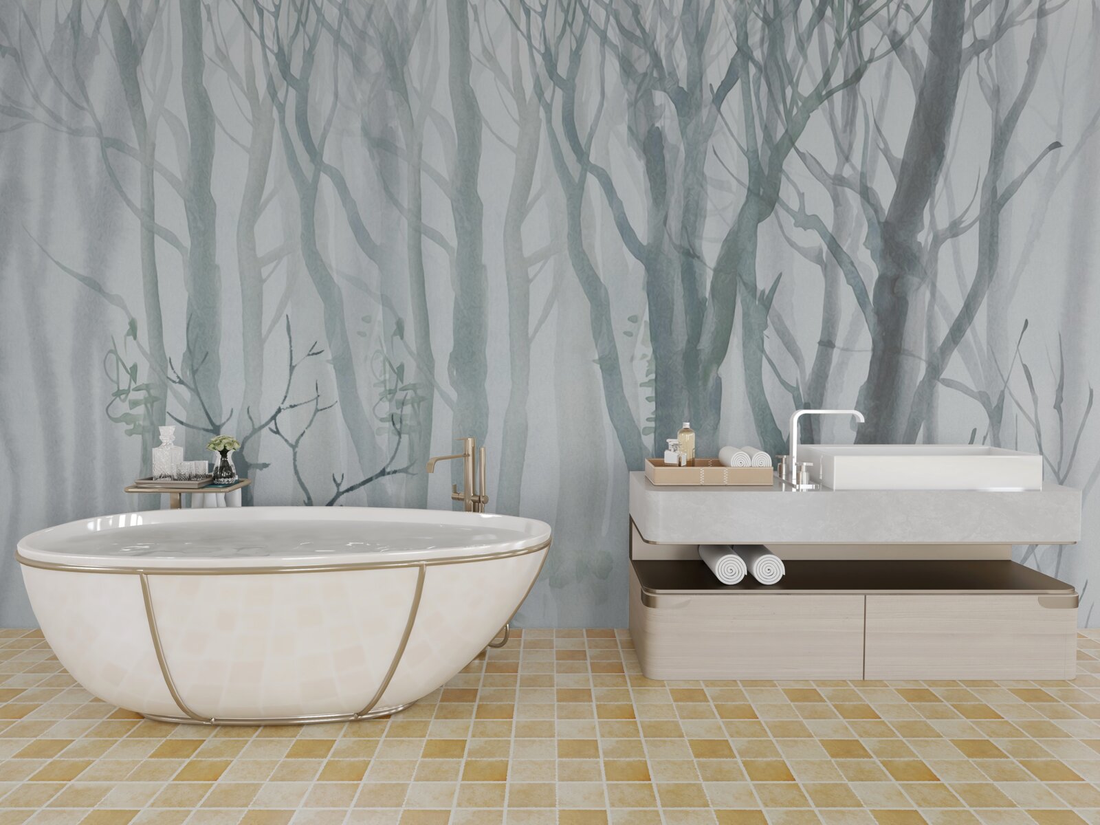 Fototapeta zimný les, hmlistý, obývaný jeleňmi