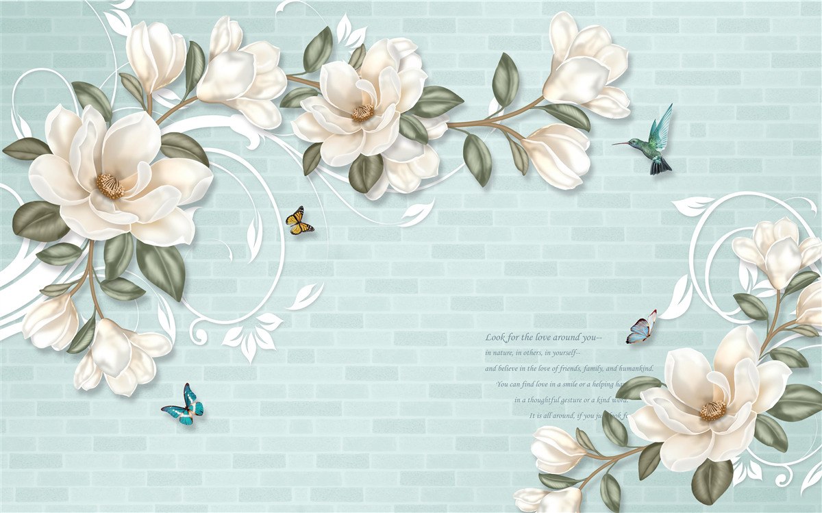 Fototapeta motýle a kolibríky v blízkosti snehovo bielych púčikov