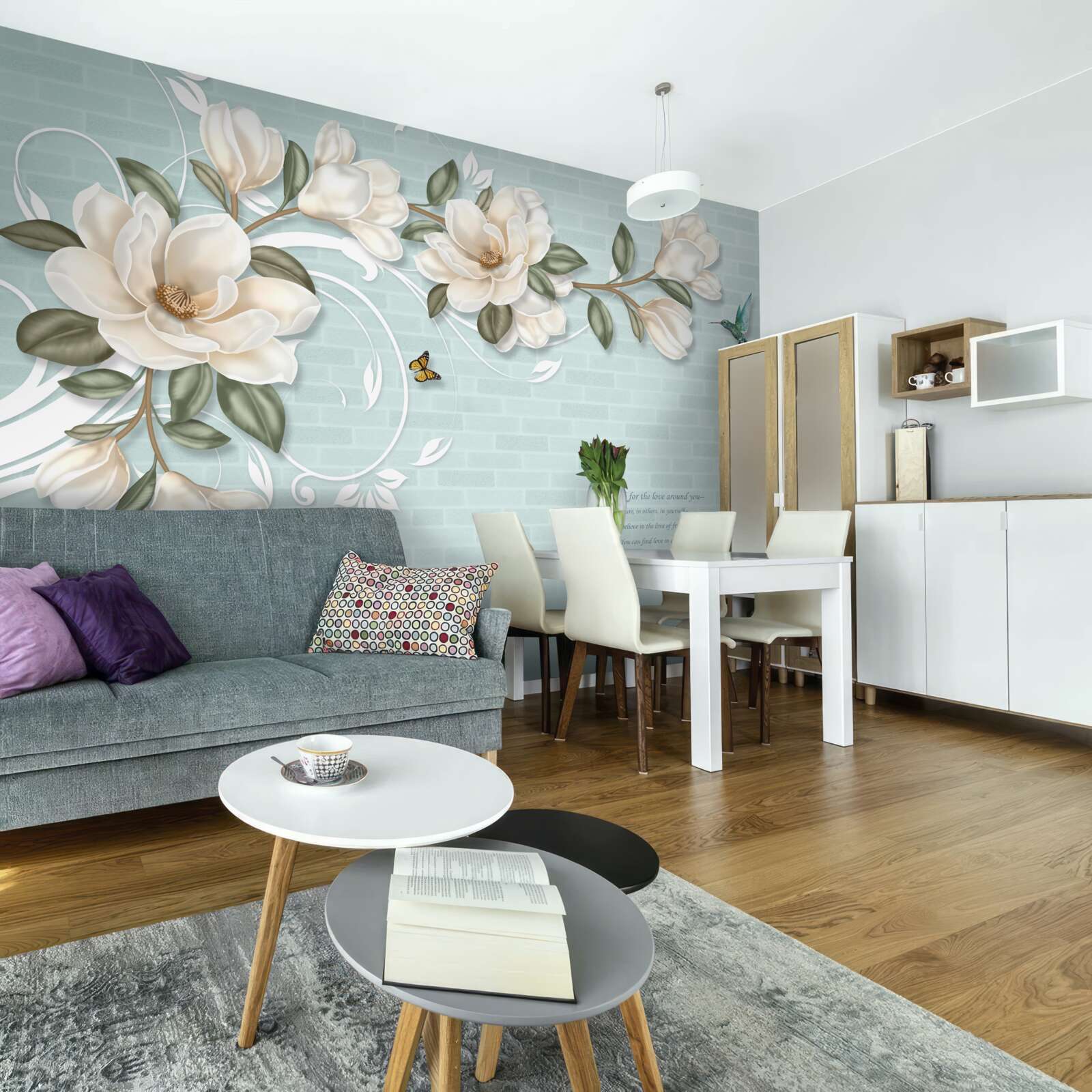 Fototapeta motýle a kolibríky v blízkosti snehovo bielych púčikov