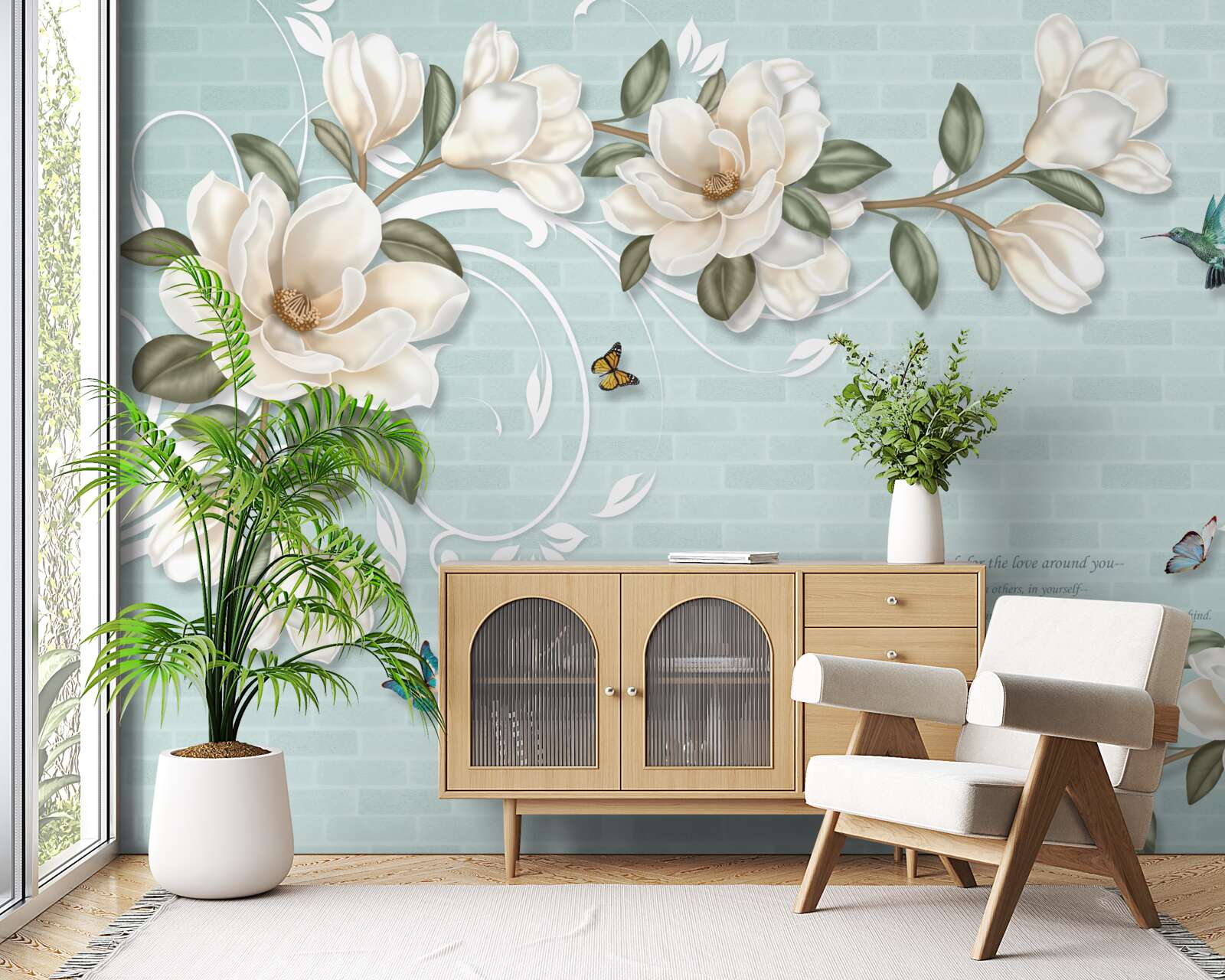 Fototapeta motýle a kolibríky v blízkosti snehovo bielych púčikov