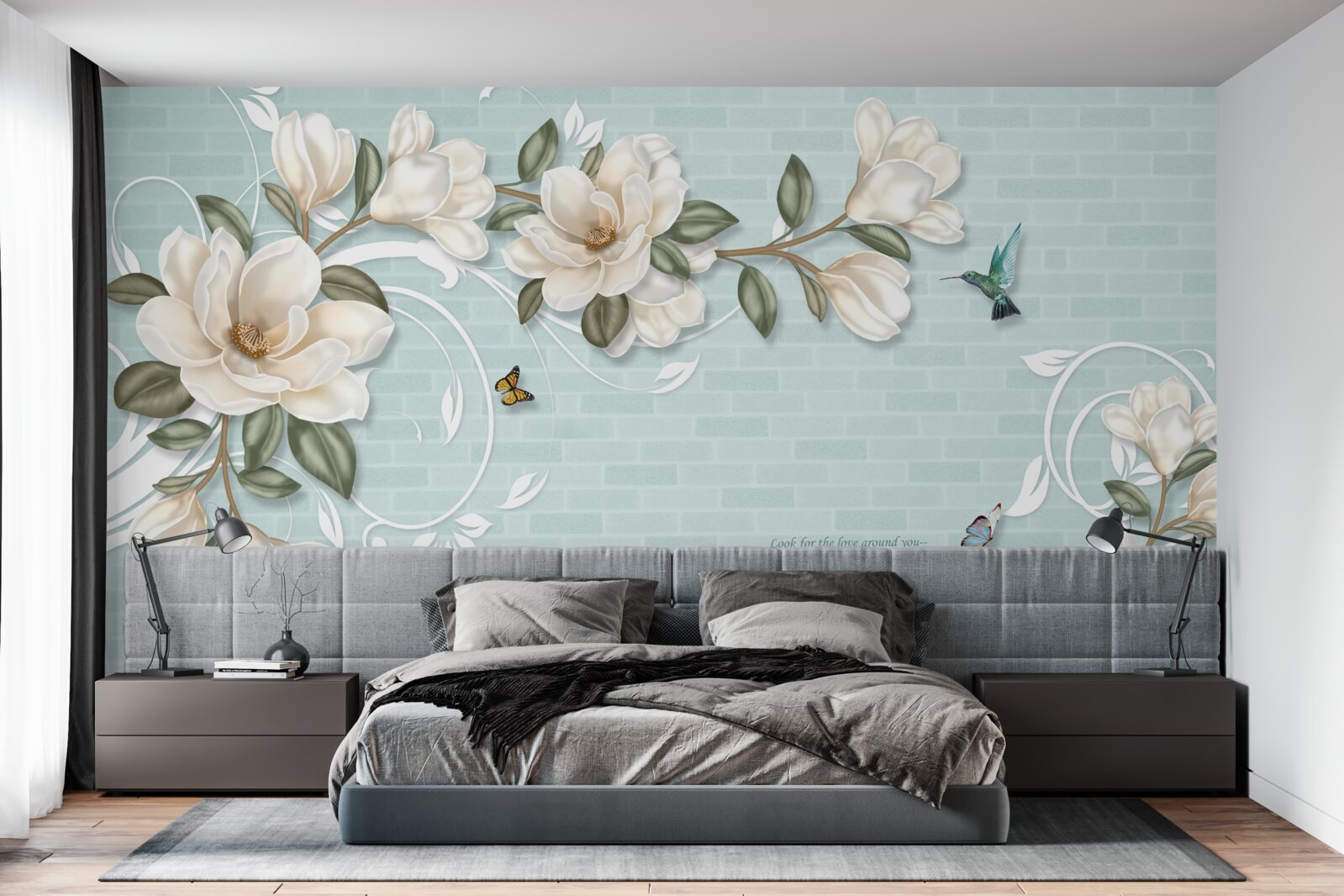 Fototapeta motýle a kolibríky v blízkosti snehovo bielych púčikov