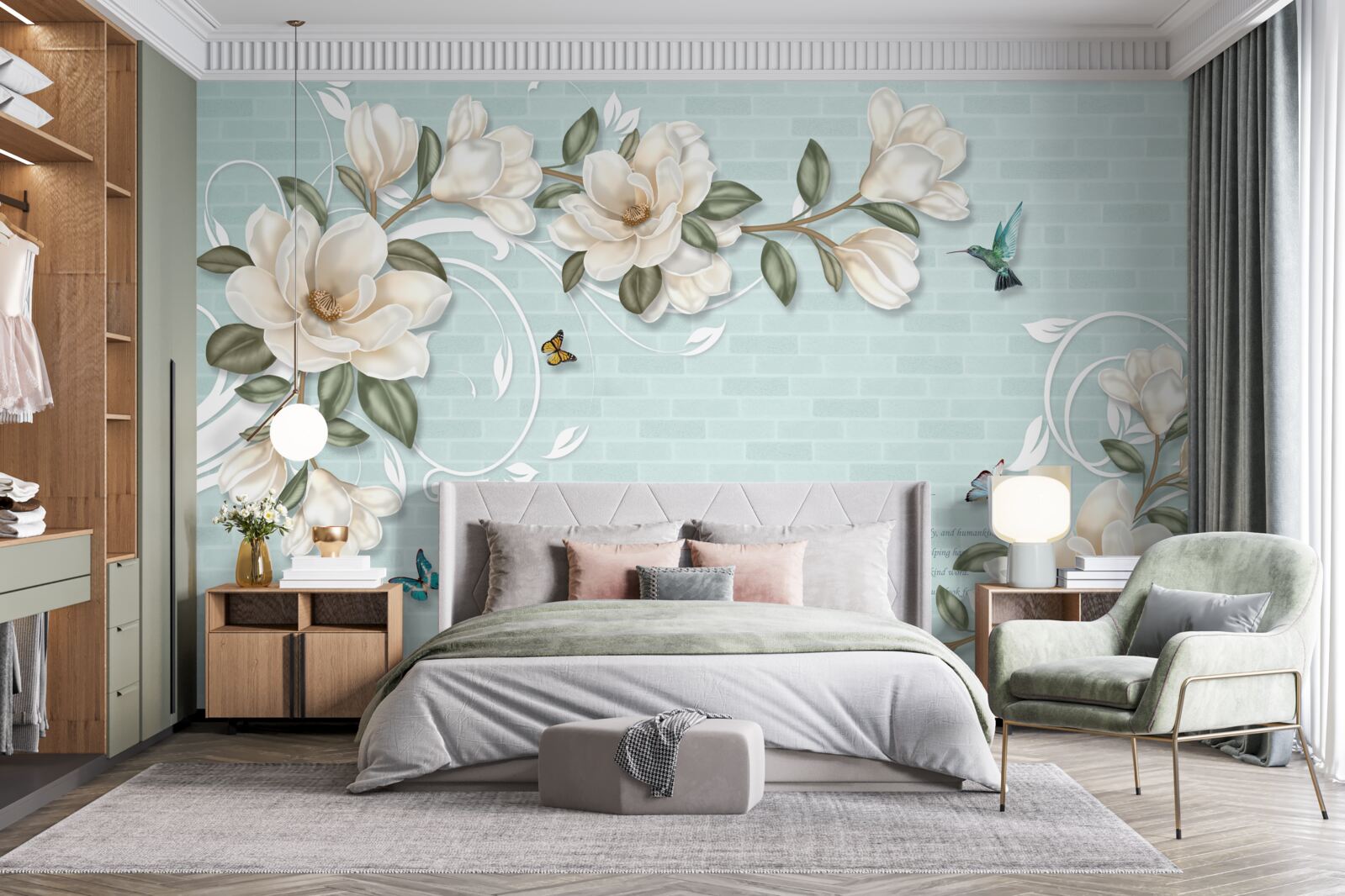 Fototapeta motýle a kolibríky v blízkosti snehovo bielych púčikov