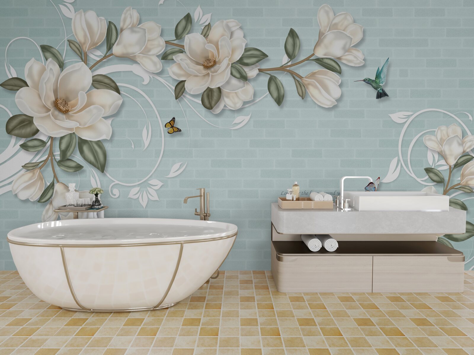 Fototapeta motýle a kolibríky v blízkosti snehovo bielych púčikov