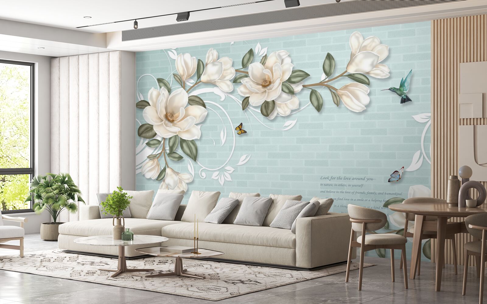 Fototapeta motýle a kolibríky v blízkosti snehovo bielych púčikov