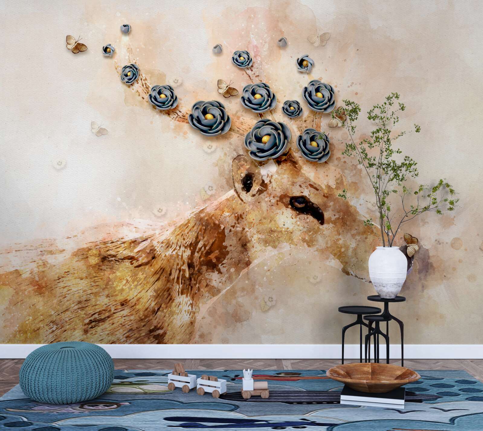 Fototapeta Elena je obklopená kvetmi na ružovom pozadí